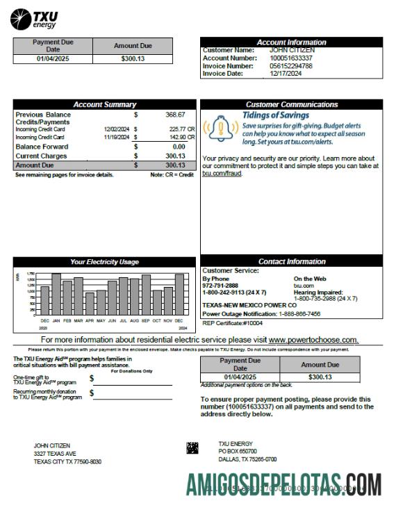 imprimível Modelo de fatura de serviços públicos de energia TXU dos EUA em formatos Word e PDF, versão 3